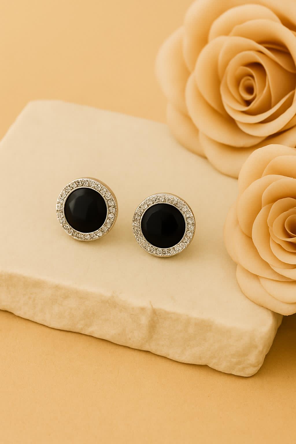 Silver Black Onyx Stud Earrings with CZ Halo