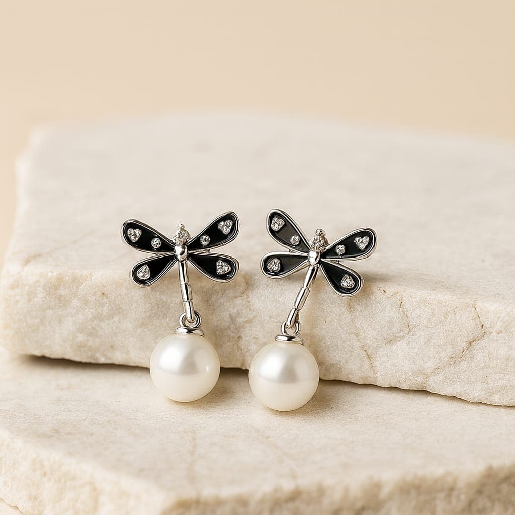 Dragonfly Pearl Drop Earrings