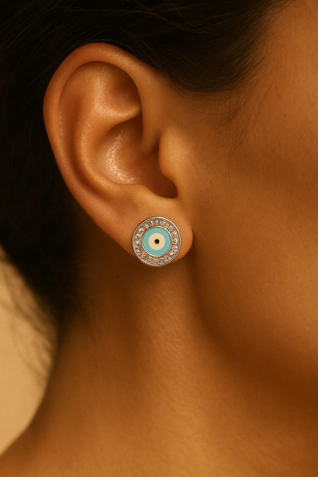 Silver Evil Eye Stud Earrings with CZ Halo