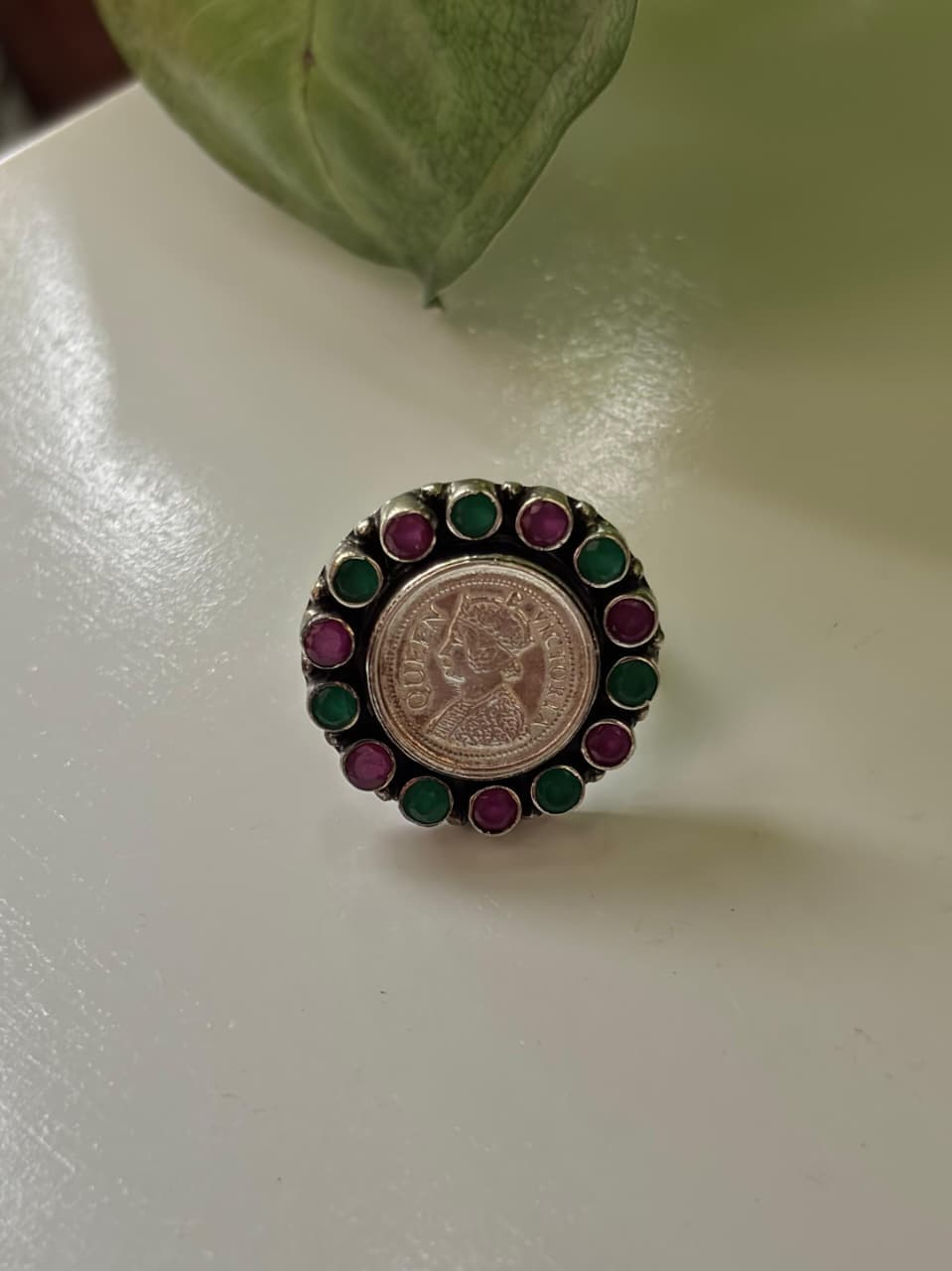 Heritage Queen Victoria Coin Ring – Ruby & Emerald Dual Tone